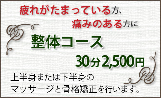 疲れがたまっている方、痛みのある方に整体コース。30分2500円。上半身または下半身のマッサージと骨格矯正を行います。