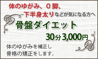 体のゆがみ、Ｏ脚ｍ下半身太りなどが気になる方へ骨盤ダイエット。30分3000円。体のゆがみを補正し骨盤の矯正をします。