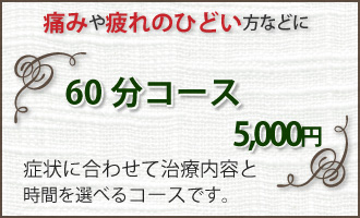 痛みや疲れのひどい方などに60分コース。症状に合わせて治療内容と時間を選べるコースです。